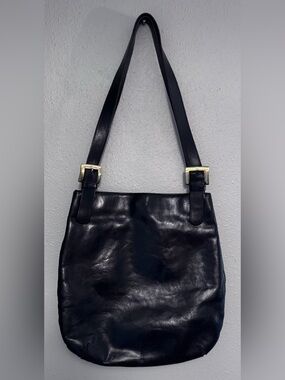 Monsac Black Leather Shoulder Bag with Gold Buckles